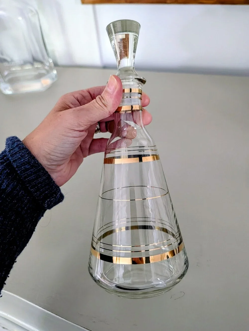 Vintage MCM Handblown Glass Decanter With Gilt Gold Rings Container With Stopper